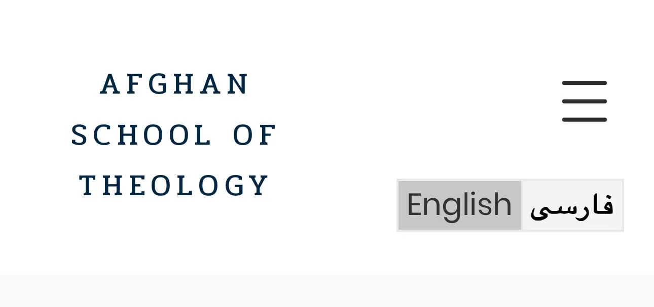 Afghan School of Theology website header with English and Persian language options.
