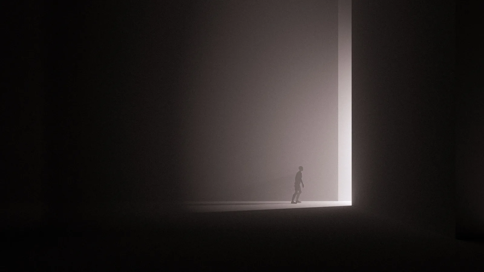 Small figure beside a tall illuminated opening in a dark space.