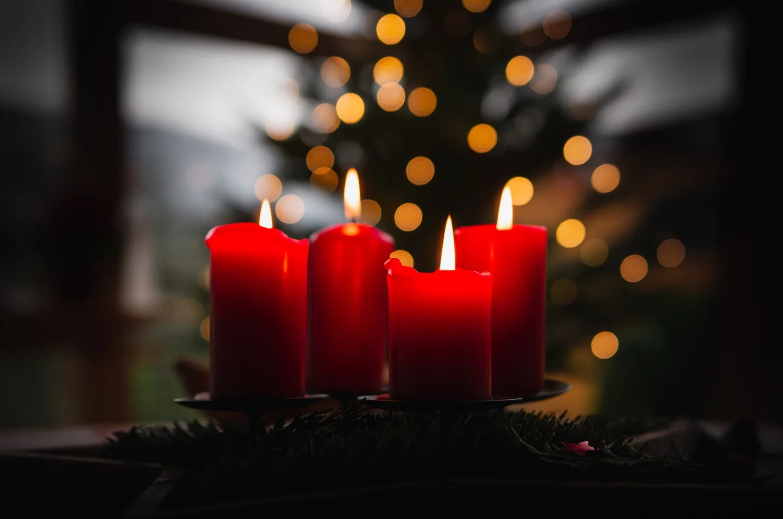 Lit red candles with blurred Christmas lights in the background.